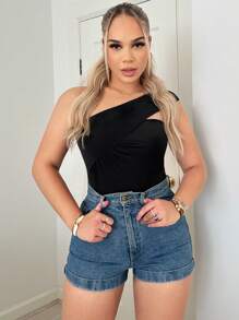 SHEIN SXY One Shoulder Solid Bodysuit - Black - View 6