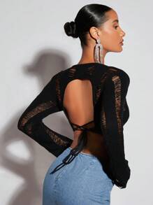 SHEIN BAE 素色破洞後背繫帶短款毛衣