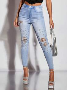 SHEIN BAE 珍珠串珠細節破洞緊身牛仔褲 - 淺色水洗藍 - 查看 1