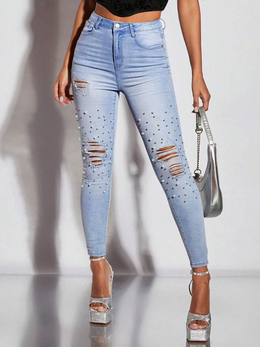 SHEIN BAE 珍珠串珠細節破洞緊身牛仔褲 - 淺色水洗藍 - 查看 1