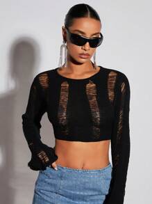 SHEIN BAE 素色破洞後背繫帶短款毛衣