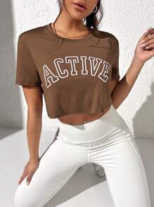 SHEIN Sports Camiseta crop con estampado de letra - Marrón - Ver 1