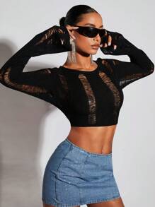 SHEIN BAE 素色破洞後背繫帶短款毛衣