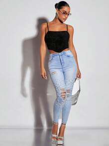 SHEIN BAE 珍珠串珠細節破洞緊身牛仔褲 - 淺色水洗藍 - 查看 3