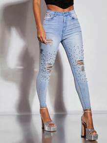 SHEIN BAE 珍珠串珠細節破洞緊身牛仔褲 - 淺色水洗藍 - 查看 4