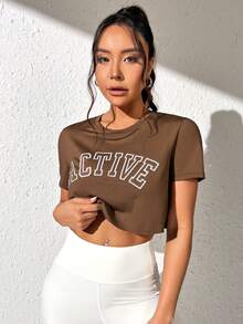 SHEIN Sports Camiseta crop con estampado de letra - Marrón - Ver 3