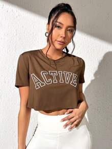 SHEIN Sports Camiseta crop con estampado de letra - Marrón - Ver 4