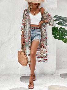 Swim Lushoire Floral Print Batwing Sleeve Open Front Kimono,Summer Beach - Multicolor - View 2