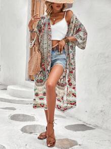 Swim Lushoire Floral Print Batwing Sleeve Open Front Kimono,Summer Beach - Multicolor - View 4