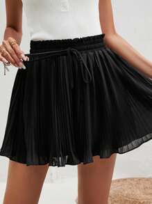 SHEIN Frenchy Paperbag Waist Pleated Wide Leg Shorts Summer Black Black Casual - Black - View 2