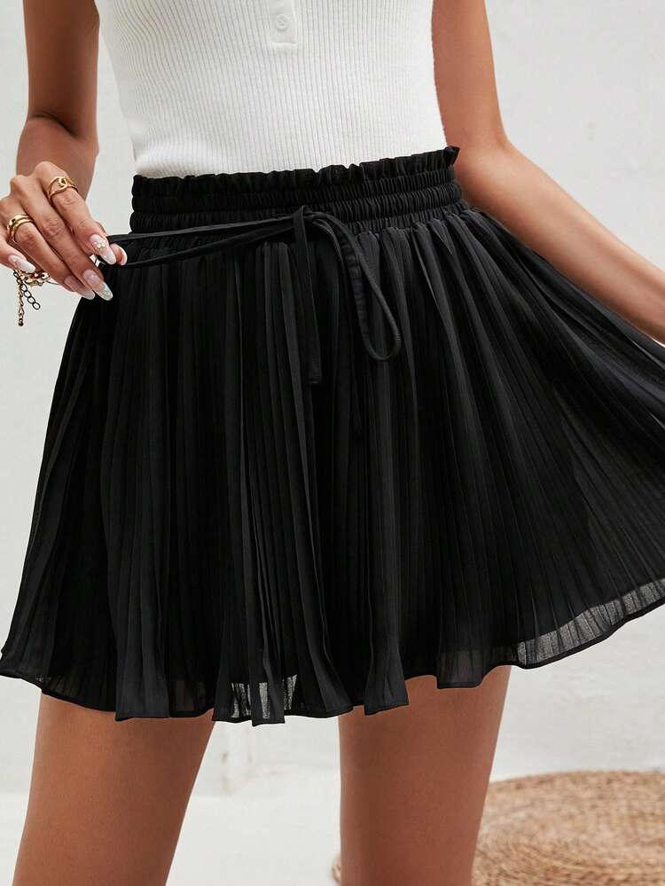 Paperbag Waist Pleated Wide Leg Shorts Summer Black Black Casual