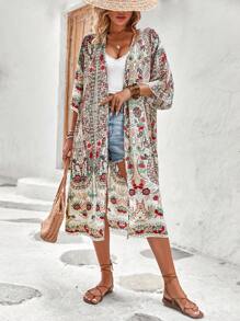 Swim Lushoire Floral Print Batwing Sleeve Open Front Kimono,Summer Beach - Multicolor - View 5