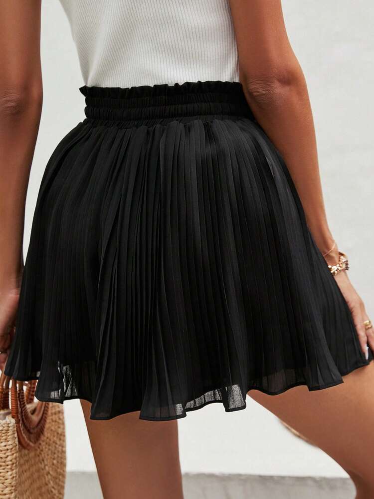 Paperbag Waist Pleated Wide Leg Shorts Summer Black Black Casual