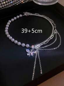 1 件时尚人造珍珠和锆石蝴蝶流苏吊坠项链，适合女士、约会装 - 銀色 - 查看 3