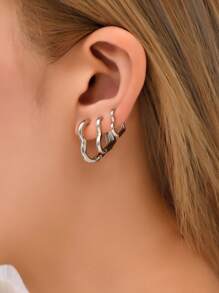 3pcs/Set Funky Silver Color Heart Design Earring Sets For Women For Daily Decoration Valentines - Silver - View 4