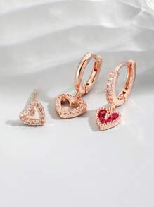 3 件/套迷人方晶锆石装饰心形设计耳环，适合女士日常装饰情人节、妈妈、母亲、母亲节、礼物 - 玫瑰金 - 查看 3