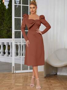 Sweetheart Neck Gigot Sleeve Ruched Bust Dress - Redwood - View 1