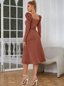 Sweetheart Neck Gigot Sleeve Ruched Bust Dress - Redwood - View 2