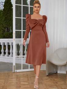 Sweetheart Neck Gigot Sleeve Ruched Bust Dress - Redwood - View 4