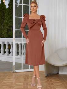 Sweetheart Neck Gigot Sleeve Ruched Bust Dress - Redwood - View 5