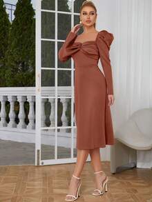 Sweetheart Neck Gigot Sleeve Ruched Bust Dress - Redwood - View 6