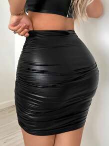 SHEIN SXY 素色褶邊PU皮革包臀半身裙 - 黑色 - 查看 2