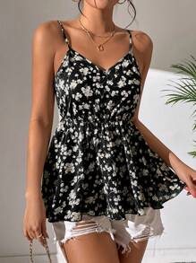 SHEIN Privé 花卉印花荷叶边吊带背心 图案 T 恤 女式上衣 - 黑色 - 查看 1