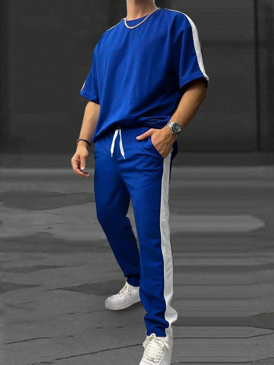 Aesthetic Post 男士鬆身對比側縫落肩t恤和束口運動褲 - 藍色 - 查看 1