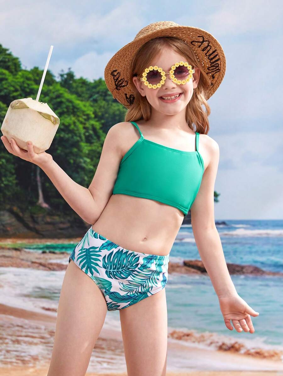 Conjunto de bikini con estampado tropical para niña preadolescente, playa de verano - Multicolor - Ver 1