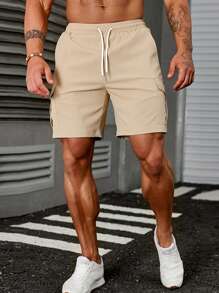 Manfinity Homme Loose Fit Men's Cargo Shorts With Flap Pockets And Drawstring Waistband - Khaki - View 1