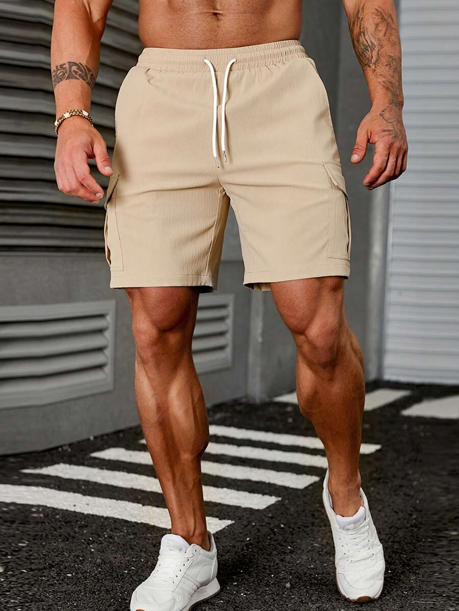 Manfinity Homme Loose Fit Men's Cargo Shorts With Flap Pockets And Drawstring Waistband - Khaki - View 1