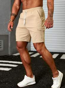 Manfinity Homme Loose Fit Men's Cargo Shorts With Flap Pockets And Drawstring Waistband - Khaki - View 3