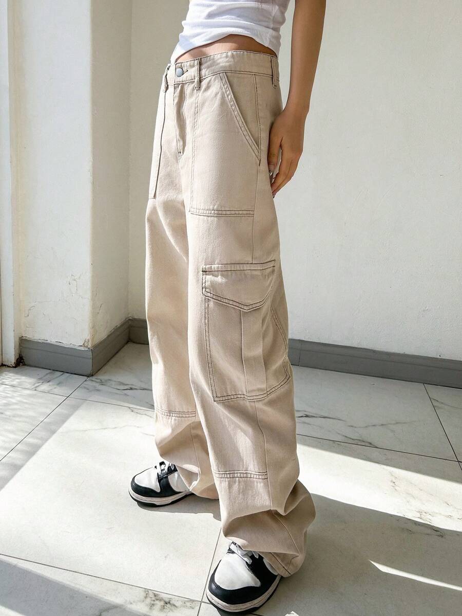 DAZY Flap Pocket Side Cargo Jeans,Baggy Jeans - Apricot - View 1