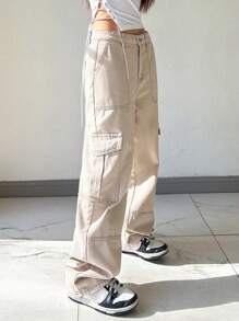 DAZY Flap Pocket Side Cargo Jeans,Baggy Jeans - Apricot - View 3