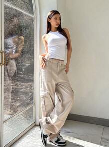 DAZY Flap Pocket Side Cargo Jeans,Baggy Jeans - Apricot - View 6