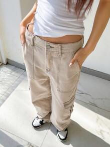 DAZY Flap Pocket Side Cargo Jeans,Baggy Jeans - Apricot - View 7