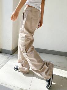 DAZY Flap Pocket Side Cargo Jeans,Baggy Jeans - Apricot - View 8