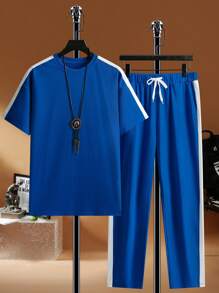 Aesthetic Post 男士鬆身對比側縫落肩t恤和束口運動褲 - 藍色 - 查看 3