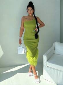 Đầm Tương phản lông thú giả Chia màu trơn Buổi tiệc - màu xanh lá - Xem 1