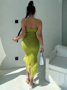 Đầm Tương phản lông thú giả Chia màu trơn Buổi tiệc - màu xanh lá - Xem 2