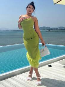 Đầm Tương phản lông thú giả Chia màu trơn Buổi tiệc - màu xanh lá - Xem 3