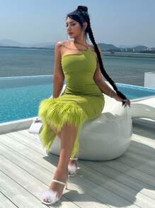 Đầm Tương phản lông thú giả Chia màu trơn Buổi tiệc - màu xanh lá - Xem 4