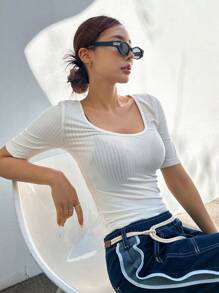 DAZY 素色大圓領條紋針織T恤 - 白色 - 查看 6