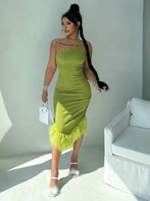 Đầm Tương phản lông thú giả Chia màu trơn Buổi tiệc - màu xanh lá - Xem 6