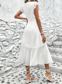 SHEIN VCAY Vestido cruzado de manga mariposa con nudo lateral ribete con fruncido - Blanco - Ver 2