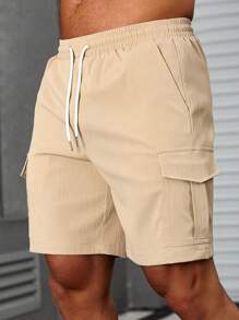 Manfinity Homme Loose Fit Men's Cargo Shorts With Flap Pockets And Drawstring Waistband - Khaki - View 4