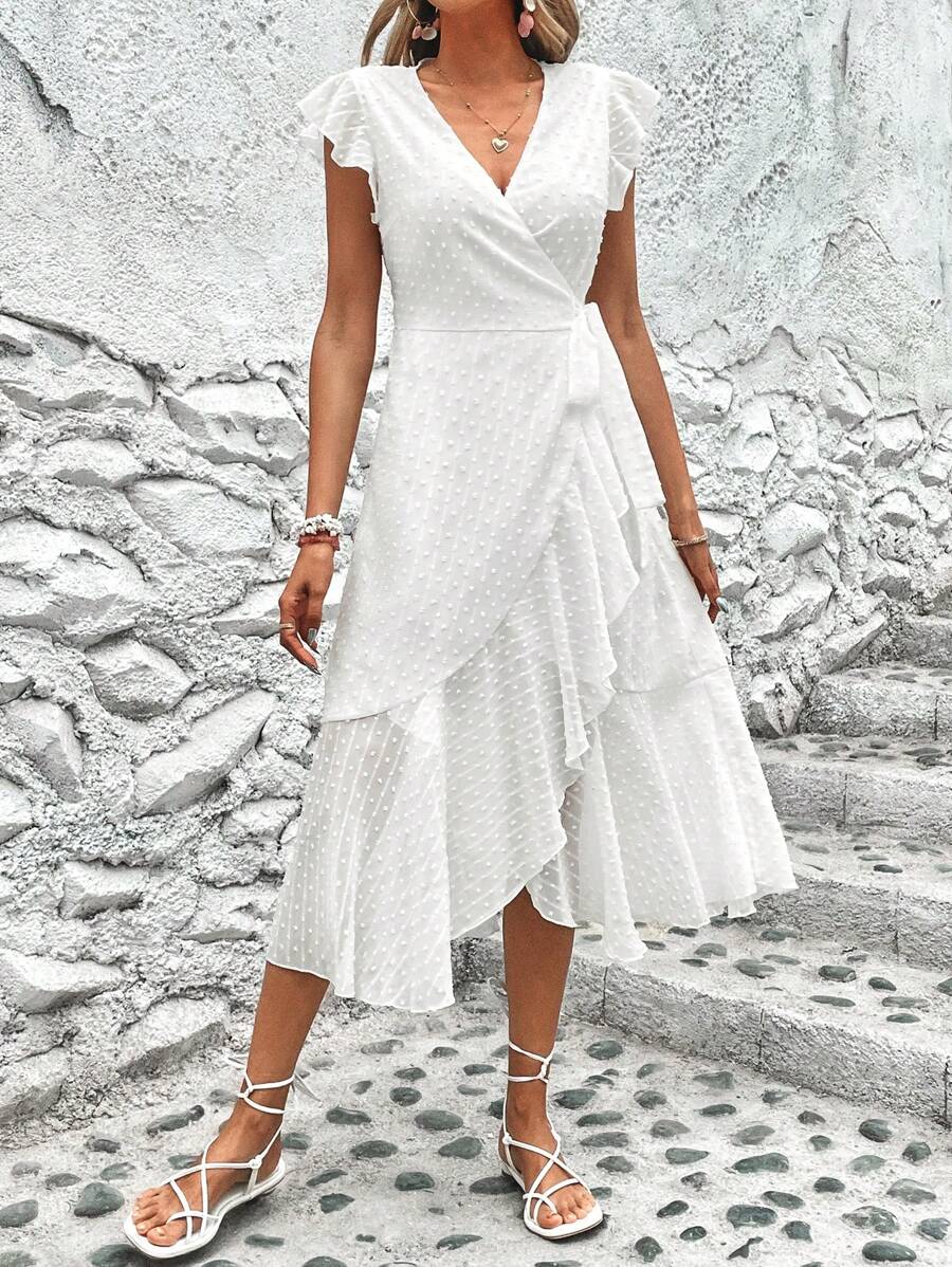 SHEIN VCAY Vestido cruzado de manga mariposa con nudo lateral ribete con fruncido - Blanco - Ver 1