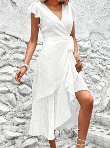 SHEIN VCAY Vestido cruzado de manga mariposa con nudo lateral ribete con fruncido - Blanco - Ver 6
