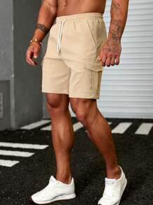 Manfinity Homme Loose Fit Men's Cargo Shorts With Flap Pockets And Drawstring Waistband - Khaki - View 5