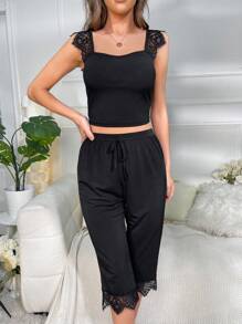 对比色蕾丝吊带上衣和裤子睡衣套装/睡衣套装 - 黑色 - 查看 5